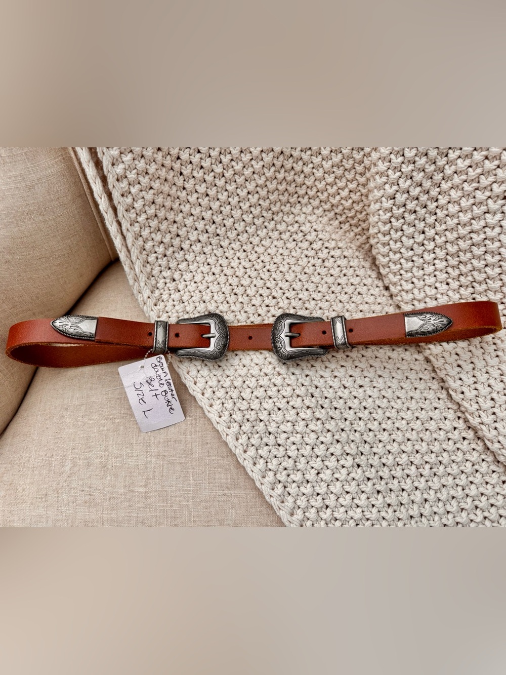Double Buckle Brown Leather Western Belt size L